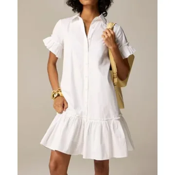 YEXPINE Women's Ruffle Mini Shirt Dress Short Sleeve Button Up Shift Dress Cotton Drop Waist Shirt Dress White