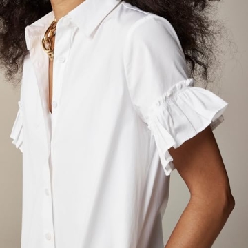 YEXPINE Women's Ruffle Mini Shirt Dress Short Sleeve Button Up Shift Dress Cotton Drop Waist Shirt Dress White