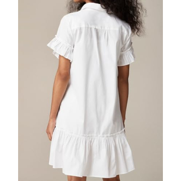 YEXPINE Women's Ruffle Mini Shirt Dress Short Sleeve Button Up Shift Dress Cotton Drop Waist Shirt Dress White