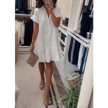 YEXPINE Women's Ruffle Mini Shirt Dress Short Sleeve Button Up Shift Dress Cotton Drop Waist Shirt Dress White