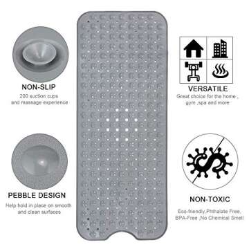 YINENN Bath and Shower Safety Mats 40x16 inch, Non Slip with Suction Cups for Bathroom Stall and Tub Floor, Extra Large and Machine Washable, Drain Holes Keep Bathtub Clean, Grey