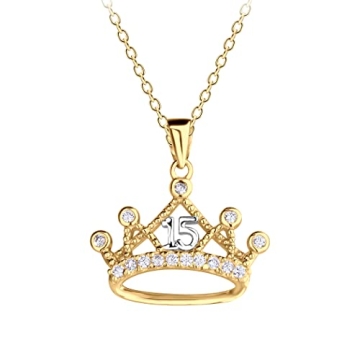 Sterling Silver with Gold-Plating Tiara Necklace for Quinceanera Gift, "Sweet 15" Present with 15 Sp...