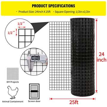 24'' x 25' 1/2inch Hardware Cloth 19 Gauge Black Vinyl Coated Welded Fence Mesh for Home and Garden ...