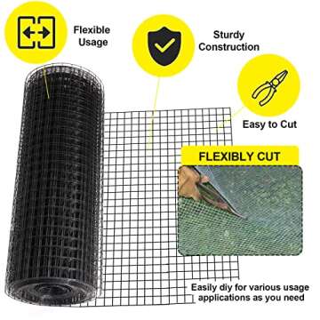 24'' x 25' 1/2inch Hardware Cloth 19 Gauge Black Vinyl Coated Welded Fence Mesh for Home and Garden Fence and Home Improvement Project