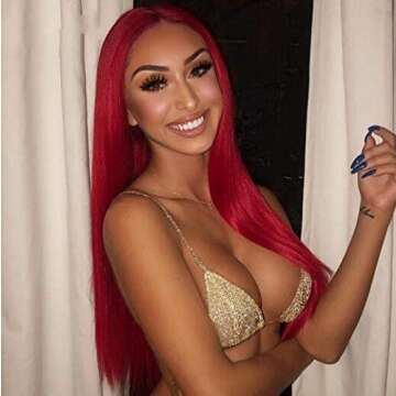 KRN Red Color Brazillian Virgin Human Hair Silky Straight 130% Density Lace Front Wigs Pre-Plucked Hairline Full Lace Wig with Baby Hair for Women (14 Inch, Lace Front Wig)