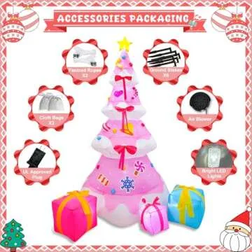 OurWarm 8FT Christmas Inflatable Outdoor Decoration, Pink Inflatable Christmas Tree with 3 Gift Boxes Christmas Blow Ups Yard Decorations with Built-in LED Lights for Outside Xmas Garden Lawn Decor
