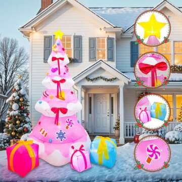 OurWarm 8FT Christmas Inflatable Outdoor Decoration, Pink Inflatable Christmas Tree with 3 Gift Boxes Christmas Blow Ups Yard Decorations with Built-in LED Lights for Outside Xmas Garden Lawn Decor