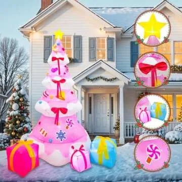 OurWarm 8FT Christmas Inflatable Outdoor Decoration, Pink Inflatable Christmas Tree with 3 Gift Boxes Christmas Blow Ups Yard Decorations with Built-in LED Lights for Outside Xmas Garden Lawn Decor