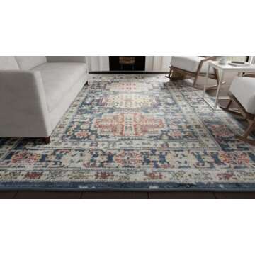 Rugs America Gabriel Collection, GL55C, Prussian Sundara, Blue/Beige, 8' x 10', .4" Thick, Area Rug, Soft, Durable, Vintage Inspired, Distressed, Low Pile, Non-Shedding, Easy Clean, Living Room Rug