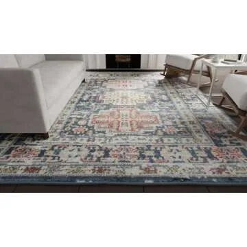 Rugs America Gabriel Collection, GL55C, Prussian Sundara, Blue/Beige, 8' x 10', .4" Thick, Area Rug, Soft, Durable, Vintage Inspired, Distressed, Low Pile, Non-Shedding, Easy Clean, Living Room Rug