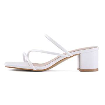 LACUONE Women's Mid Heel Sandals Chunky Block Heels Slides Strappy Slip-on Mules (8.5,C-White)