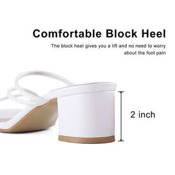 LACUONE Women's Mid Heel Sandals Chunky Block Heels Slides Strappy Slip-on Mules (8.5,C-White)
