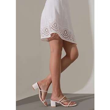 LACUONE Women's Mid Heel Sandals Chunky Block Heels Slides Strappy Slip-on Mules (8.5,C-White)