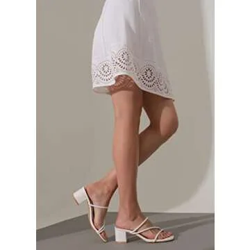 LACUONE Women's Mid Heel Sandals Chunky Block Heels Slides Strappy Slip-on Mules (8.5,C-White)