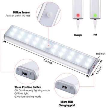 Motion Sensor Cabinet Lights - USB Rechargeable 2 Pack for Easy Installation