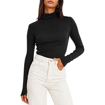 Trendy Queen Black Turtleneck for Women Long Sleeve Shirts Fall Clothes Slim Fit Tight Basic Layerin...