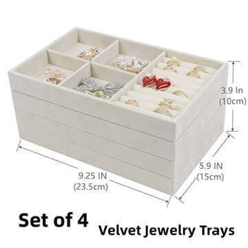 Set of 4 Stackable Jewelry Trays Organizer, Velvet Earring Organizer, Jewelry Organizer Showcase Display Drawer Organizer Storage, Earring Holder Necklace Bracelet Ring Accessary Organizers (Beige)