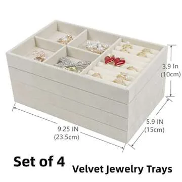Set of 4 Stackable Jewelry Trays Organizer, Velvet Earring Organizer, Jewelry Organizer Showcase Display Drawer Organizer Storage, Earring Holder Necklace Bracelet Ring Accessary Organizers (Beige)