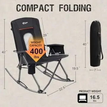 PORTAL Oversized Folding Rocking Camping Chair Portable Outdoor Rocker with High Back Hard Armrests Carry Bag, Supports 400 lbs, Mesh Back, Black