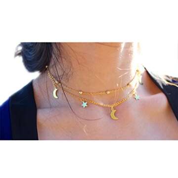 BaubleStar Fashion Layering Star Moon Charm Pendant Tassel Necklace Gold Chain Choker Collar Multi l...