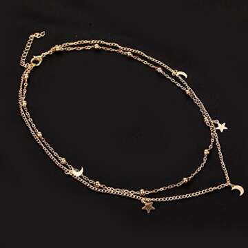 BaubleStar Fashion Layering Star Moon Charm Pendant Tassel Necklace Gold Chain Choker Collar Multi layered Statement Jewelry for Women