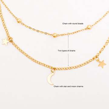 BaubleStar Fashion Layering Star Moon Charm Pendant Tassel Necklace Gold Chain Choker Collar Multi layered Statement Jewelry for Women