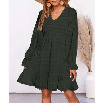 BTFBM Women V Neck Smocked Short Dress Long Sleeve Flowy Casual Swiss Dot Ruffle Chiffon Mini Summer Fall Dresses 2025(Solid Army Green, Large)
