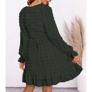 BTFBM Women V Neck Smocked Short Dress Long Sleeve Flowy Casual Swiss Dot Ruffle Chiffon Mini Summer Fall Dresses 2025(Solid Army Green, Large)