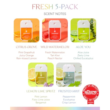 Touchland Power Mist Hydrating Hand Sanitizer Spray, FRESH 5-Pack (Mint, Citrus, Lemon Lime, Aloe, Watermelon), 500-Sprays each, 1Fl Oz Travel Size (Set of 5)