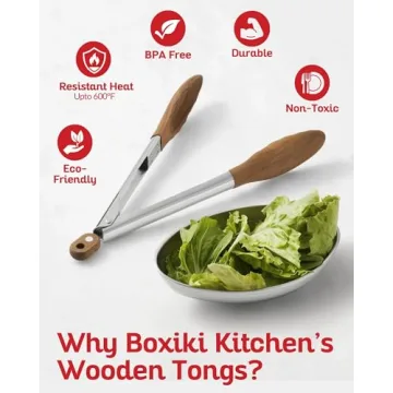 Boxiki Kitchen Wooden Tongs - Nonstick & Elegant Cooking Tool