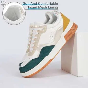 Niluber Women's Fashion Low Top Sneakers - White PU Leather Tennis Shoes-Lace Up Comfortable Casual Waking Shoes（Yellow/Green,9）