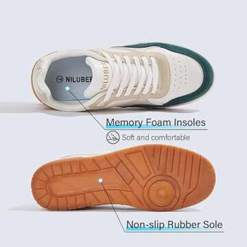 Niluber Women's Fashion Low Top Sneakers - White PU Leather Tennis Shoes-Lace Up Comfortable Casual Waking Shoes（Yellow/Green,9）