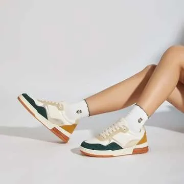 Niluber Women's Fashion Low Top Sneakers - White PU Leather Tennis Shoes-Lace Up Comfortable Casual Waking Shoes（Yellow/Green,9）