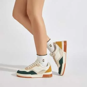 Niluber Women's Fashion Low Top Sneakers - White PU Leather Tennis Shoes-Lace Up Comfortable Casual Waking Shoes（Yellow/Green,9）