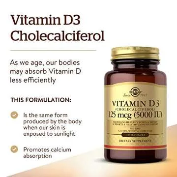 Solgar Vitamin D3 (Cholecalciferol) 125 MCG (5000 IU), 100 Softgels - Helps Maintain Healthy Bones & Teeth - Immune System Support - Non GMO, Gluten Free, Dairy Free - 100 Servings