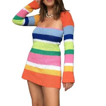 Stripe Knit Women Beach Dress Bodycon Backless Long Sleeve Green Y2K 2022 Casual Summer Holiday Sexy...