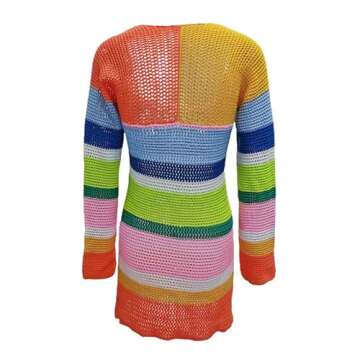 Stripe Knit Women Beach Dress Bodycon Backless Long Sleeve Green Y2K 2022 Casual Summer Holiday Sexy Dresses Party Mini(Crochet Dress-Colorful Striped,Medium)