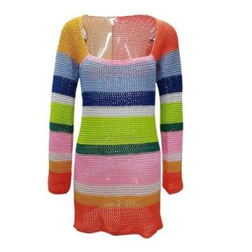 Stripe Knit Women Beach Dress Bodycon Backless Long Sleeve Green Y2K 2022 Casual Summer Holiday Sexy Dresses Party Mini(Crochet Dress-Colorful Striped,Medium)