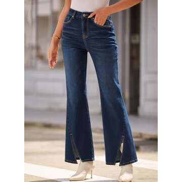 Sidefeel Womens Jeans High Waisted Stretchy Zimbaplatinum Wide Leg Jeans Trendy Slit Hem Bell Bottom Flare Denim Pants
