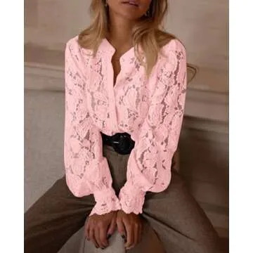 PRETTYGARDEN Women's Dressy Casual Lace Blouse Long Sleeve Button Up Shirts Tops Fall Fashion Clothes (Pink,Small)