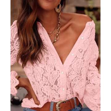 PRETTYGARDEN Women's Dressy Casual Lace Blouse Long Sleeve Button Up Shirts Tops Fall Fashion Clothes (Pink,Small)