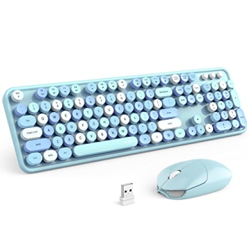 MOFII Wireless Keyboard and Mouse Combo, Blue Retro Keyboard with Round Keycaps, 2.4GHz Dropout-Free...