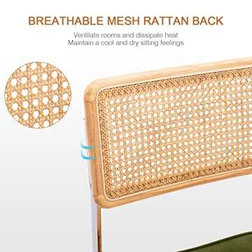 Zesthouse Natural Rattan Dining Chairs Set of 4, Modern Dining Room Chairs with Solid Wood Back for Kitchen Living Room, Mid Century Breuer Design Inspired, Upholstered Velvet Fabric, Green