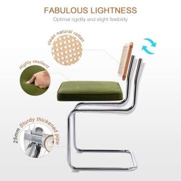 Zesthouse Natural Rattan Dining Chairs Set of 4, Modern Dining Room Chairs with Solid Wood Back for Kitchen Living Room, Mid Century Breuer Design Inspired, Upholstered Velvet Fabric, Green