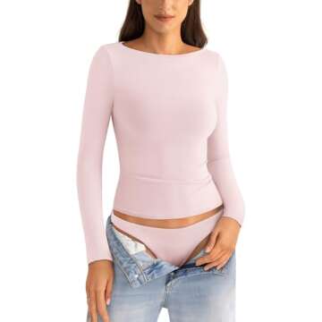 EasyGala Boat Neck Cotton Long Sleeve Shirts for Women Basic Going Out Stretchy Slim Fit Y2k Crop Tops for Spring Fall Tight Fitted Tops Fashion Trendy Undershirt 2024 Light Pink