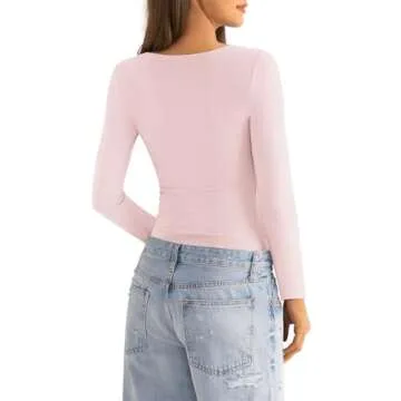 EasyGala Boat Neck Cotton Long Sleeve Shirts for Women Basic Going Out Stretchy Slim Fit Y2k Crop Tops for Spring Fall Tight Fitted Tops Fashion Trendy Undershirt 2024 Light Pink