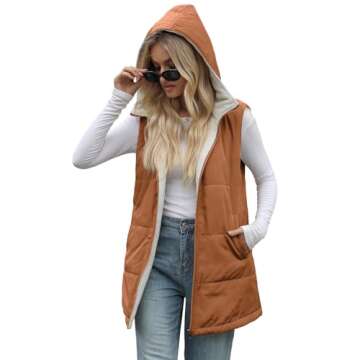 XIEERDUO Long Puffer Vest Women Hooded Sleeveless 2024 Fall Winter Fleece Coat Zip Up Sherpa Lined Jacket Pockets Reversible Quilted Brown S