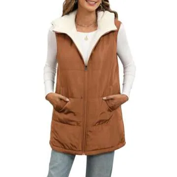 XIEERDUO Long Puffer Vest Women Hooded Sleeveless 2024 Fall Winter Fleece Coat Zip Up Sherpa Lined Jacket Pockets Reversible Quilted Brown S