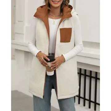 XIEERDUO Long Puffer Vest Women Hooded Sleeveless 2024 Fall Winter Fleece Coat Zip Up Sherpa Lined Jacket Pockets Reversible Quilted Brown S