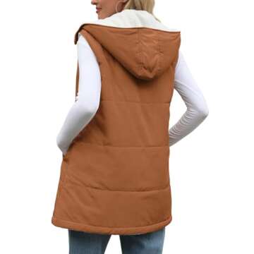 XIEERDUO Long Puffer Vest Women Hooded Sleeveless 2024 Fall Winter Fleece Coat Zip Up Sherpa Lined Jacket Pockets Reversible Quilted Brown S